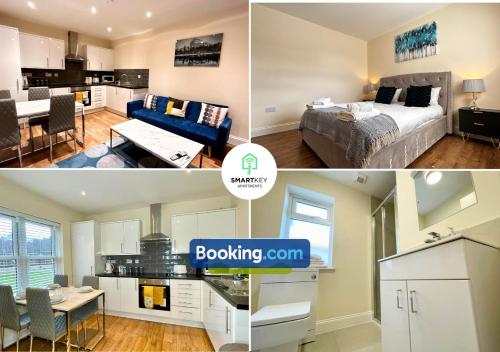two pictures of a bedroom and a living room at Stylish 1 bedroom flat with free parking in Woking