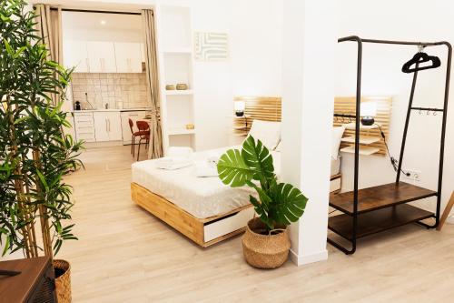 马德里Bravo Murillo Apartment的一间卧室,里面装有床和植物