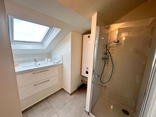 un baño con ducha y lavabo en Forum Champagne grand T2 climatisé vue Cathédrale, en Reims