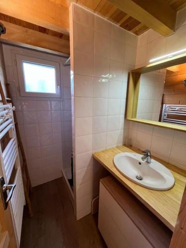 une salle de bain avec un lavabo et un miroir dans l'établissement Super appartement à Saint Lary, à Saint-Lary-Soulan