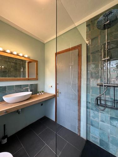a bathroom with a sink and a glass shower at La Torre de la Vall de Camprodon in Llanars