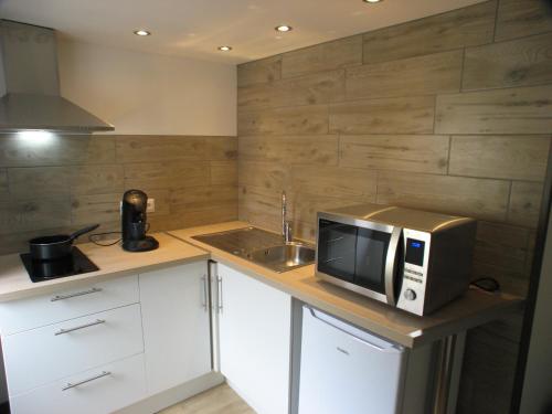 une cuisine avec un micro-ondes et un évier dans l'établissement Studio cosy et moderne, à Gannat