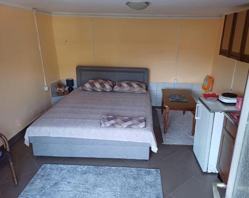 a small bedroom with a bed and a table at Apartman Pavle Virpazar in Virpazar