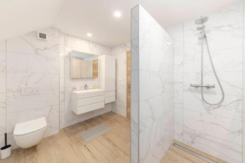 Apartmaji Seljak في بريدفور: حمام أبيض مع دش ومرحاض