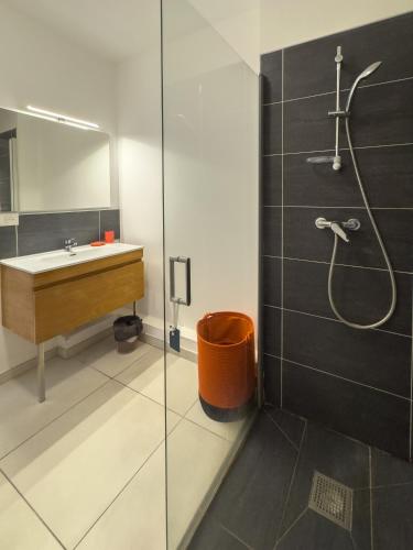 a bathroom with a sink and a glass shower at Évasion Saint-Leu in Saint-Leu