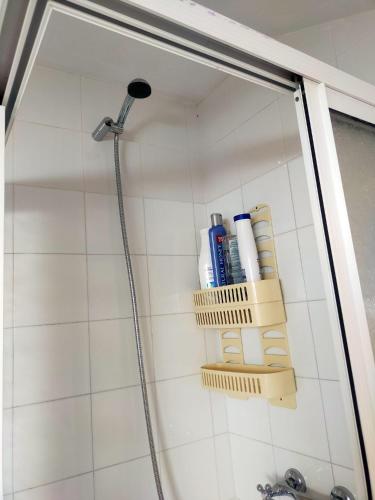a shower stall with a shelf with toiletries on it at La Gaviota in Ferrol