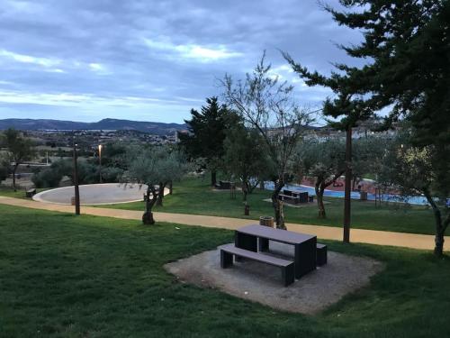 a park with a bench sitting in the grass at Hollywood Apartment in Bragança