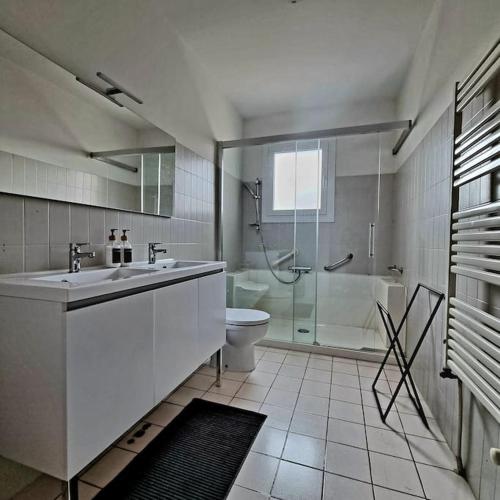 une salle de bain avec un lavabo, une douche et des toilettes dans l'établissement Villa l'Olivier en Provence 5ch piscine jardin et clim, à Lambesc