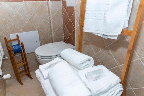 a bathroom with a toilet and towels in it at Santa Sofia Affittacamere in Gravina in Puglia