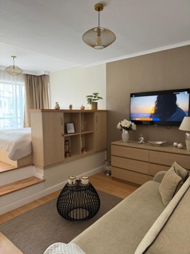 ein Wohnzimmer mit Couch und Flachbildfernseher in der Unterkunft Nord House Apartament in Jastrzębia Góra