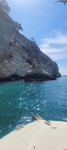 a boat in the water next to a rocky island at Le Case di Chri in Mattinata