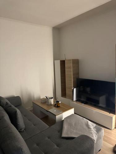 un salon avec un canapé et une télévision à écran plat dans l'établissement ASCosy appartement, à Asnières-sur-Seine