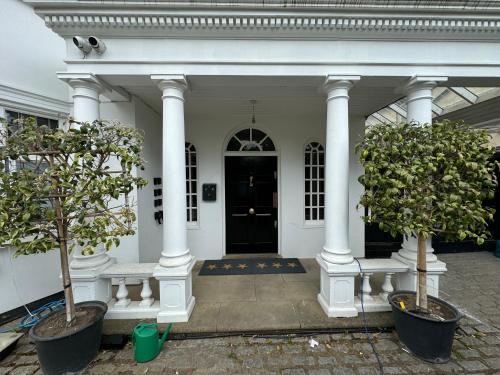 a white house with two potted trees in front of it at 365 London Hostel in London
