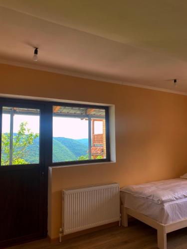a bedroom with a bed and a large window at Edis Dacha in Tsalka