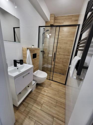 a bathroom with a toilet and a glass shower at Noclegi Na Gołębiówce in Wadowice
