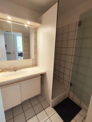 une salle de bain avec un lavabo et une douche dans l'établissement Confortable Studio en Bord de Mer, à Anglet