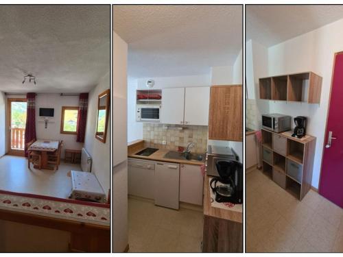 - deux photos d'une cuisine et d'un salon dans l'établissement Appart cosy 4 pers, pied des pistes, wifi, garage à Val-Cenis - FR-1-508-261, à Termignon