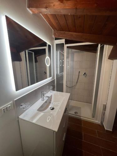 Un baño blanco con lavabo y ducha. en Le stanze di Bea, en Infernetto