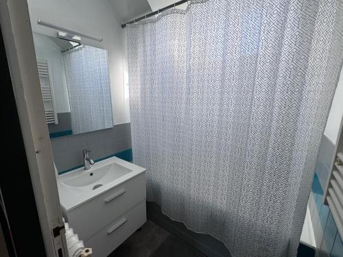 une salle de bain avec un lavabo et un rideau de douche dans l'établissement Gîte de Kerg’O, à Cléden-Poher