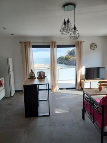 un salon avec vue sur l'océan dans l'établissement APPARTEMENT CAP CORSE Marine de PIETRACORBARA BORD DE MER, à Pietracorbara