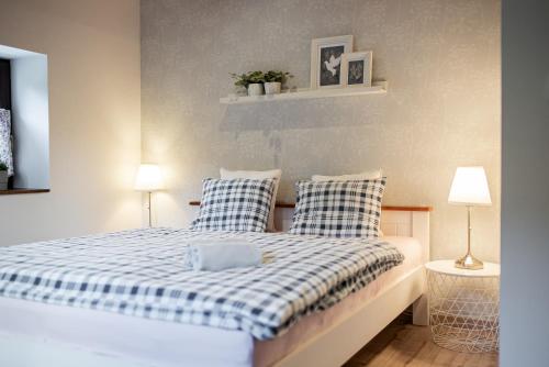 a bedroom with a bed with blue and white checked sheets at Hamr Divci Kamen in Křemže