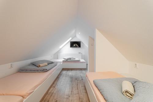 two beds in a room with white walls and wooden floors at Hamr Divci Kamen in Křemže