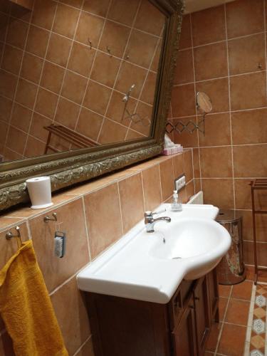 une salle de bain avec un lavabo et un miroir dans l'établissement maison du portail vieil, à Vendres