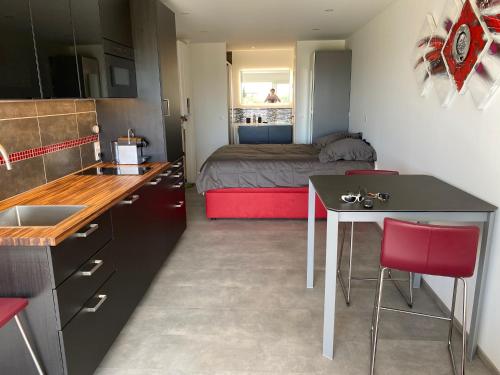 - une cuisine avec une table et un lit dans une chambre dans l'établissement Port Nature Coursives Studio Luxe, au Cap d'Agde