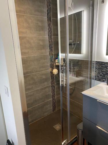 une douche avec une porte vitrée dans une salle de bain dans l'établissement Port Nature Coursives Studio Luxe, au Cap d'Agde