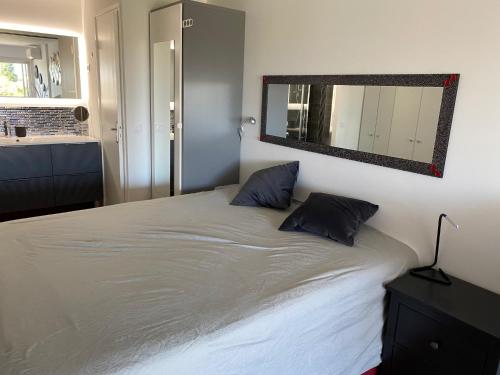 une chambre avec un lit avec deux oreillers et un miroir dans l'établissement Port Nature Coursives Studio Luxe, au Cap d'Agde