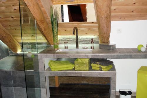 a kitchen with a sink and a counter at La Grange de l'Ardeyrol in Saint-Clément