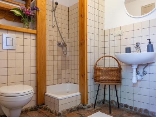 a bathroom with a toilet and a sink at Lipowy dom in Piecki