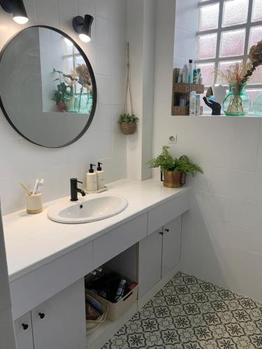 une salle de bain avec un lavabo et un miroir dans l'établissement La terrasse de Sancerre, à Saint-Satur