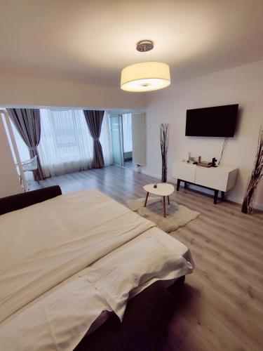 a bedroom with a large bed and a flat screen tv at Happy Blue Apartament in Galaţi