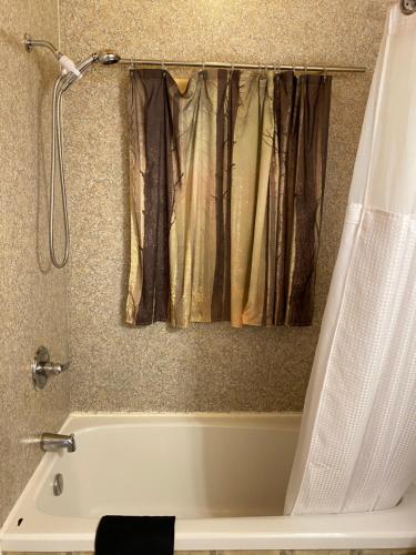 a bath tub with a shower curtain in a bathroom at Williston Lake Resort in Hudson Hope