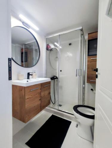 a bathroom with a shower and a toilet and a sink at Casa Di Penny 1 in Kyparissia