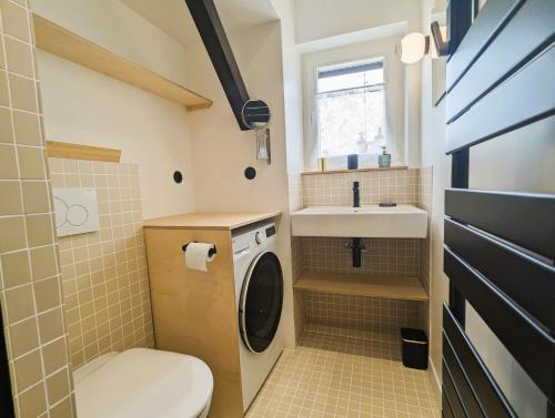 une petite salle de bains avec un lave-linge et un lavabo dans l'établissement Appart sur les toits de Paris - Marais, à Paris