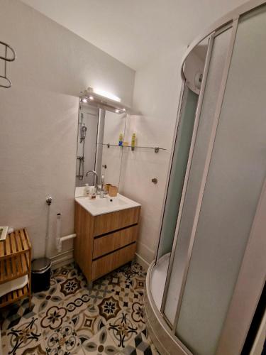 une salle de bain avec un lavabo et une douche dans l'établissement Côté Plage & Balcon, à Cabourg