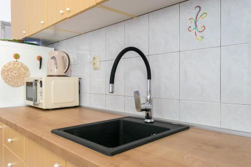 a kitchen counter with a sink and a microwave at Apartment Šimunović in Drače