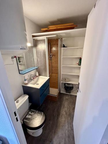 une petite salle de bain avec toilettes et lavabo dans l'établissement Studio avec vue sur le port, à Gruissan