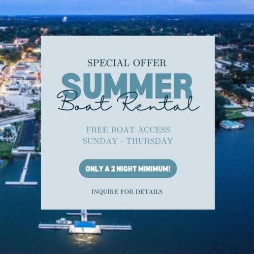a flyer for a summer boat retreat on the water at Lakefront Duplex With Pontoon Boat 3 Bed House in Mount Dora
