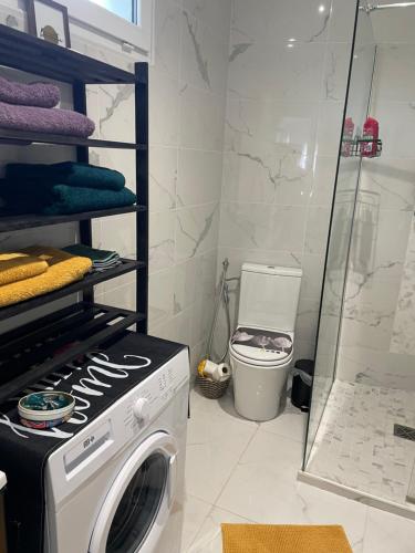 une machine à laver dans une salle de bain avec douche dans l'établissement Charmante maison avec jardin aux portes de Paris, à Vitry-sur-Seine