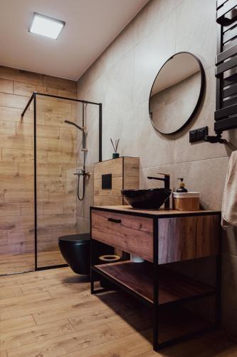 a bathroom with a sink and a mirror at Apartament MILKA 2 in Tolkmicko