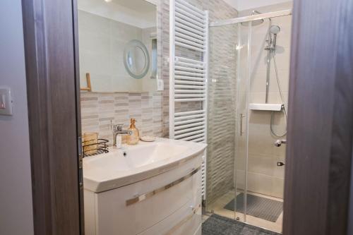 Un baño blanco con lavabo y ducha. en Apartman Jame, en Buzet