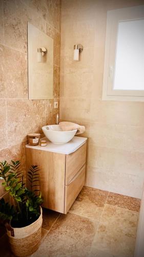 une salle de bain avec un lavabo et un miroir dans l'établissement Villa Lou Pénéquet Salernes, à Salernes