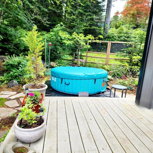 a hot tub sitting on a patio with two potted plants at Tiny House with HOT TUB, close to golf and hiking!! in Oyster Bay