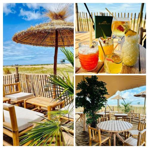 un collage de quatre photos de tables et d’un parapluie dans l'établissement Studio à St Brévin les pins, à Saint-Brévin-les-Pins