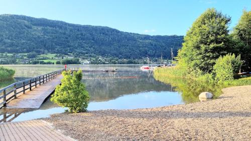 a view of a river with a bridge and trees at Kärnten Ossiacher See Apartment zwei Zimmer Ferienwohnung direkter Seezugang Strand beheizte Schwimmhalle in Bodensdorf