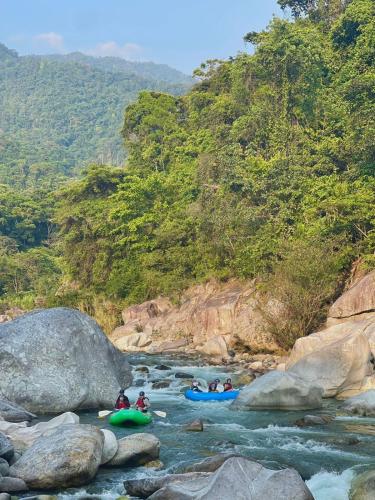 a group of people rafting down a river in kayaks at Hotel Rio in La Ceiba