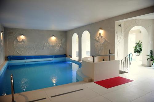 a swimming pool in a room with a red rug at Dworek Wymysłowo in Tuchola